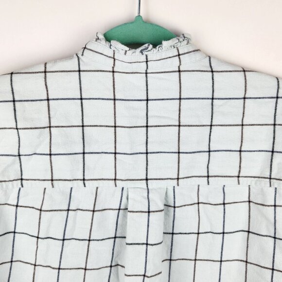 Everlane Windowpane Ruffle Neck Boxy Flannel Button Up Shirt Mint Blue sz S - Picture 4 of 10